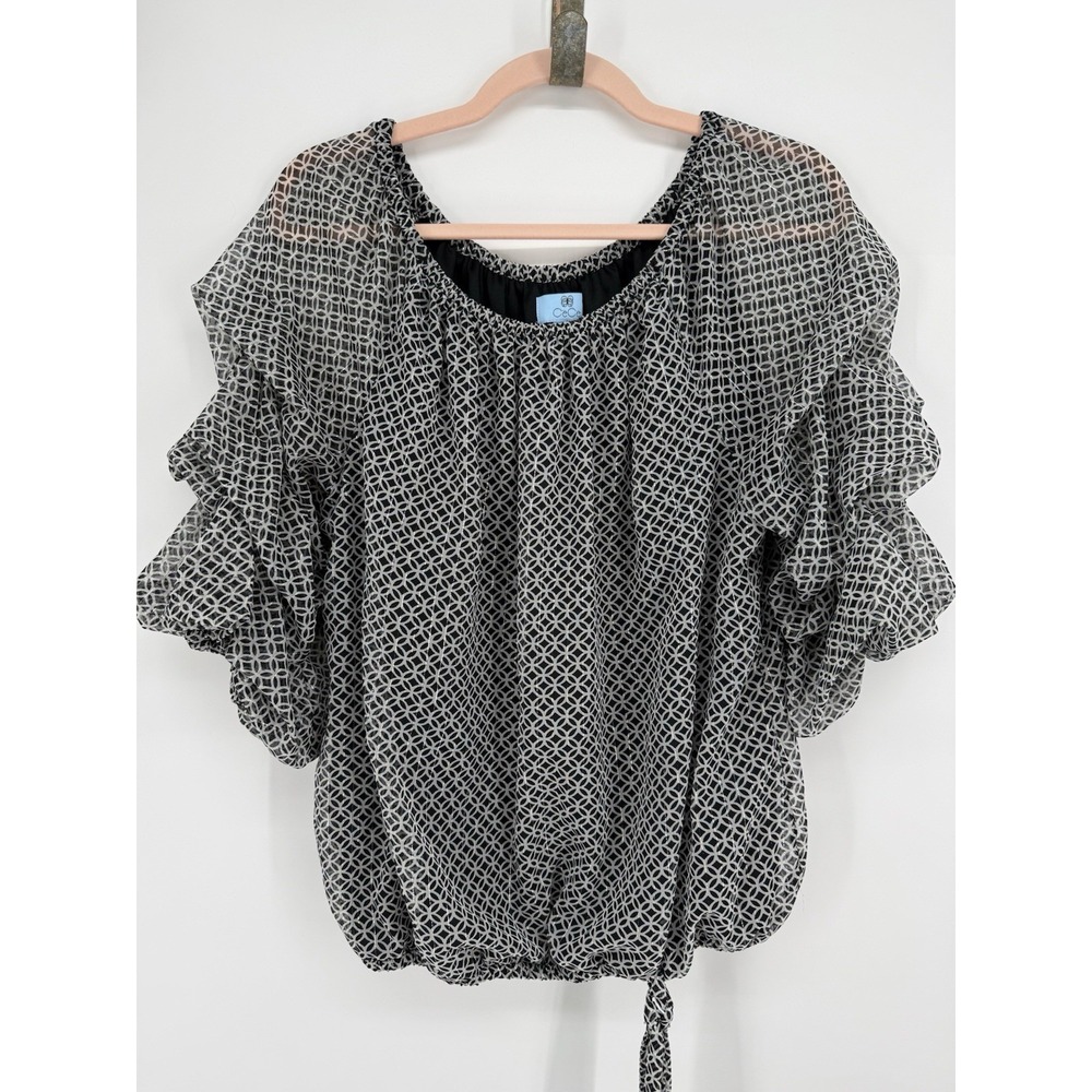 CeCe Women Geometric Ruffle Tiered Sleeve Blouse Off Shoulder Black Silver XL